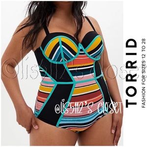 Torrid Black & Multi Stripe Underwire One Piece Swimsuit 3X 22 24
